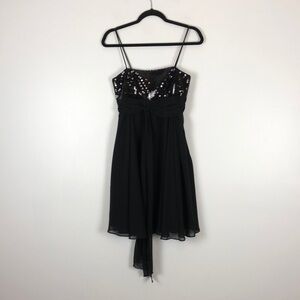 Betsy & Adam Babydoll black spaghetti strap sequin tie waist Evening Short Dress
